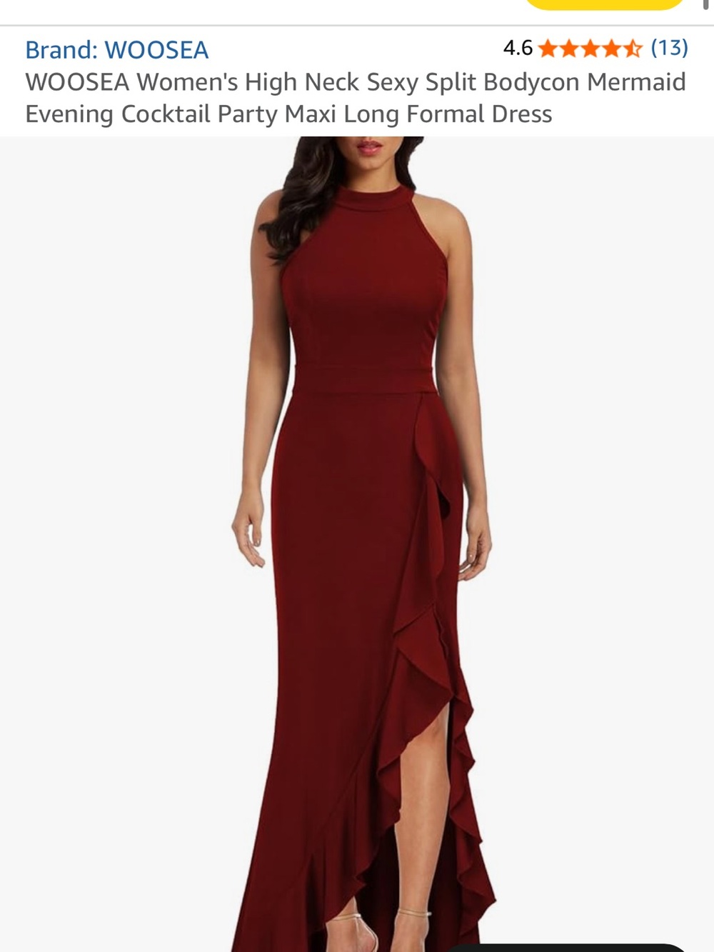 WOOSEA Burgundy High-Neck Ruffle Side-Slit Maxi Dress